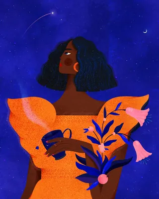 Woman holding flowers under starry sky by Barbara Tamilin