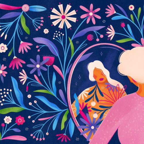 Woman looking into mirror with colorful flowers and leaves surrounding her by Barbara Tamilin