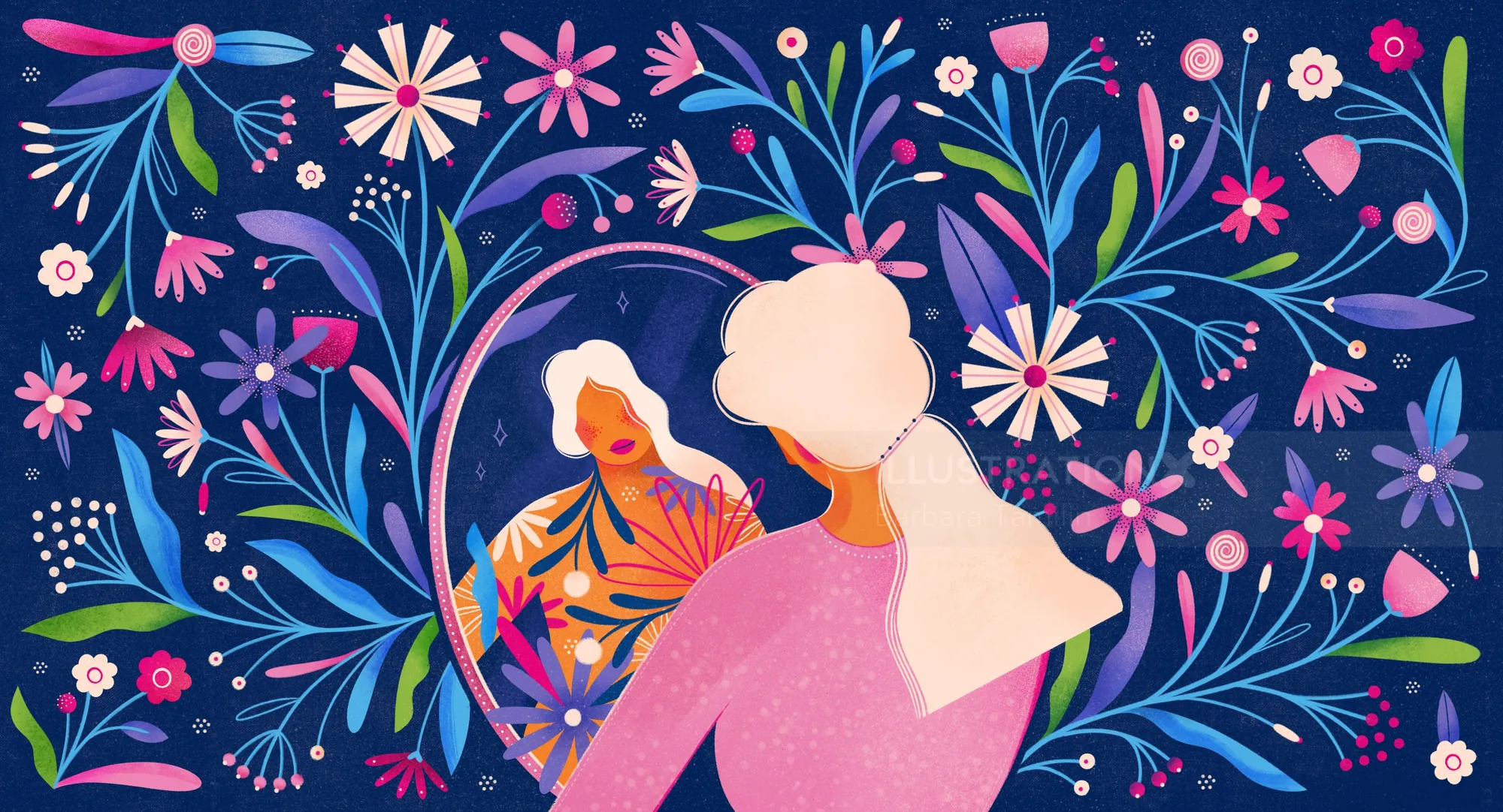 Woman looking into mirror with colorful flowers and leaves surrounding her by Barbara Tamilin