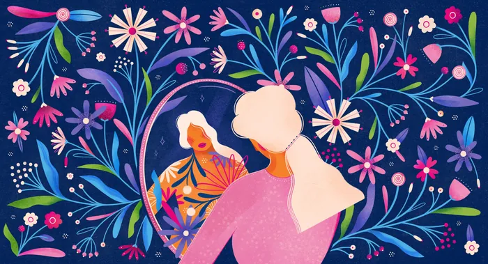 Woman looking into mirror with colorful flowers and leaves surrounding her by Barbara Tamilin