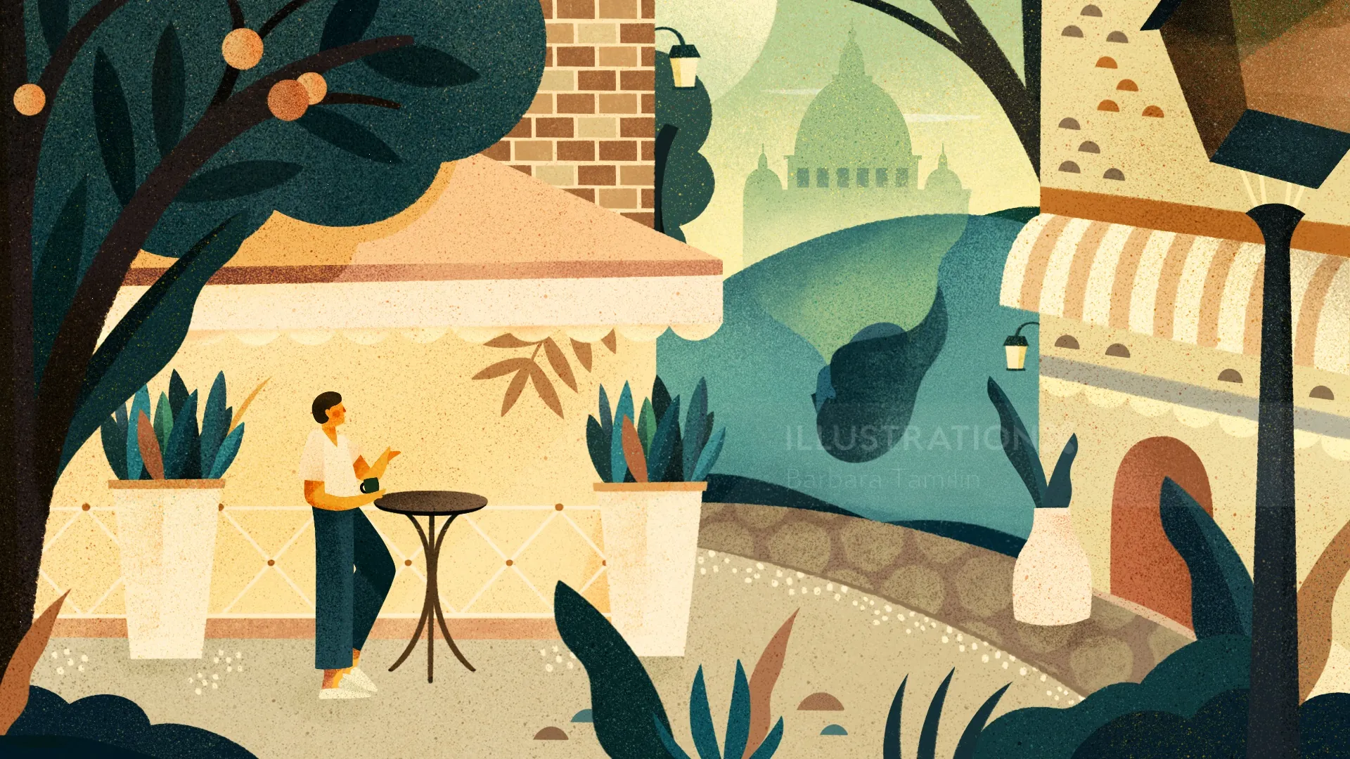 Outdoor café scene with man standing by table, artwork by Barbara Tamilin