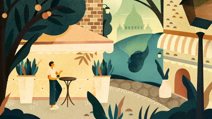 Outdoor café scene with man standing by table, artwork by Barbara Tamilin