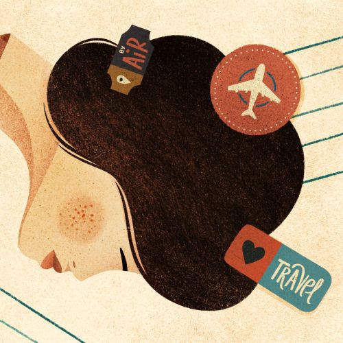 Illustration of woman's head and hand with travel icons by Barbara Tamilin