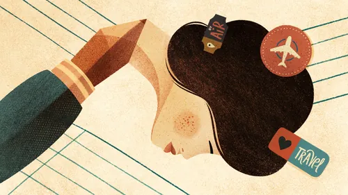 Illustration of woman's head and hand with travel icons by Barbara Tamilin