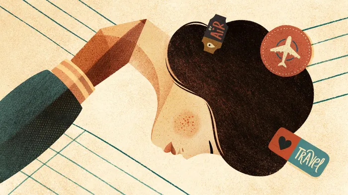 Illustration of woman's head and hand with travel icons by Barbara Tamilin