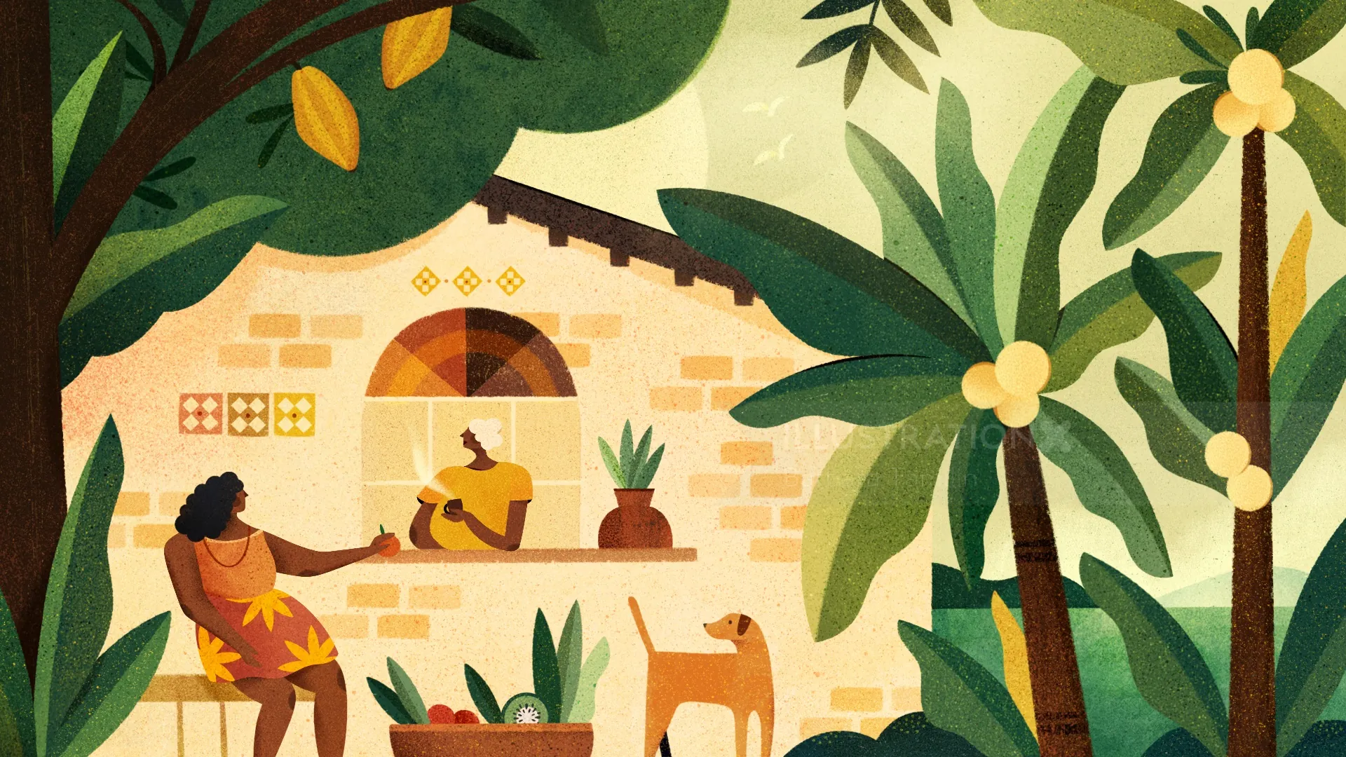 Tropical garden scene with figures, dog, and stone house by Barbara Tamilin