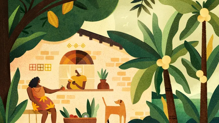 Tropical garden scene with figures, dog, and stone house by Barbara Tamilin
