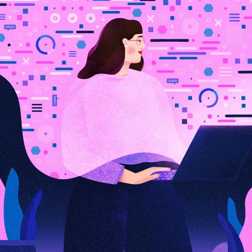 Woman working on laptop with colorful digital interface background by Barbara Tamilin