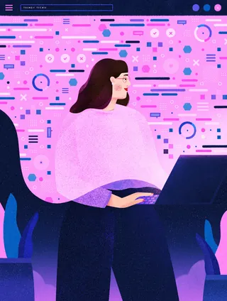 Woman working on laptop with colorful digital interface background by Barbara Tamilin