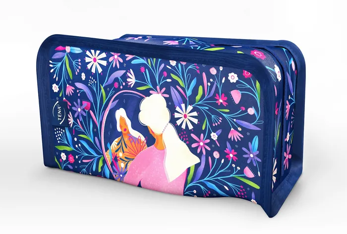 Makeup bag with floral design and woman with tiger illustration by Barbara Tamilin