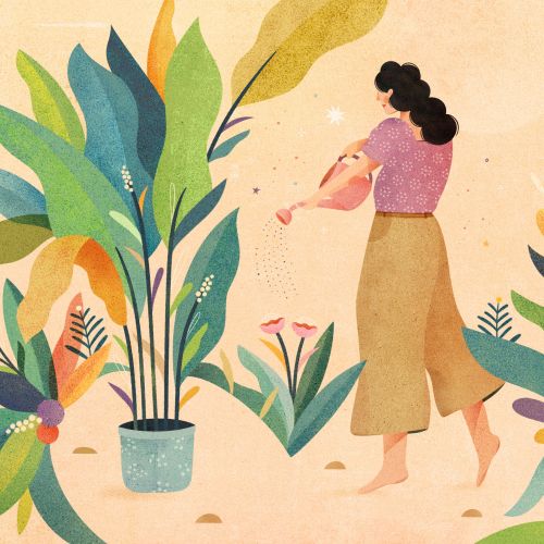 Woman watering plants surrounded by flowers and leaves, illustration by Barbara Tamilin