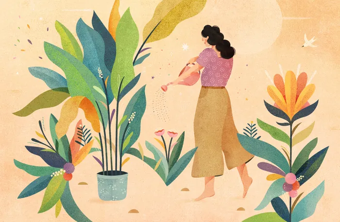 Woman watering plants surrounded by flowers and leaves, illustration by Barbara Tamilin