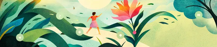 Colorful nature scene with woman walking among plants by Barbara Tamilin