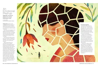 Fragmented woman facing a red flower with a small figure nearby by Barbara Tamilin