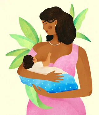 Mother breastfeeding baby with green leaves background by Barbara Tamilin