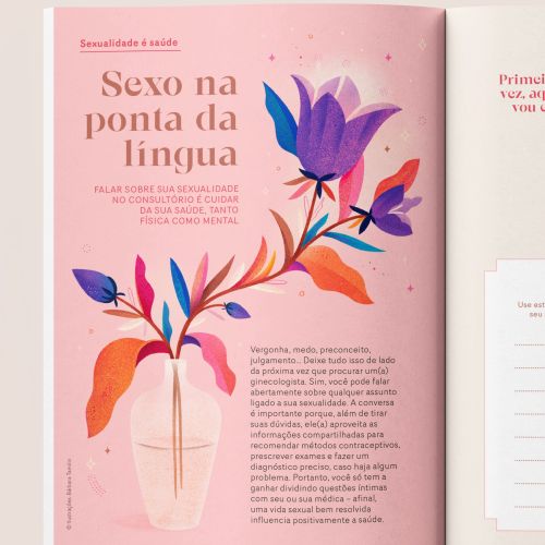 Floral illustration on pink magazine page by Barbara Tamilin