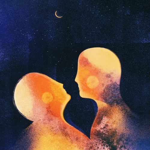 Abstract human silhouettes facing each other under a crescent moon by Barbara Tamilin