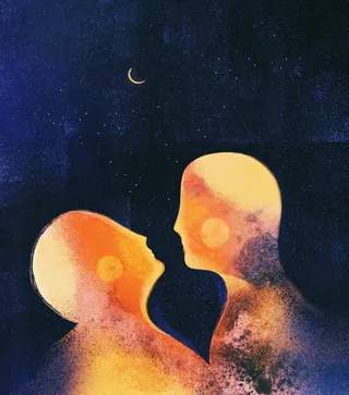 Abstract human silhouettes facing each other under a crescent moon by Barbara Tamilin