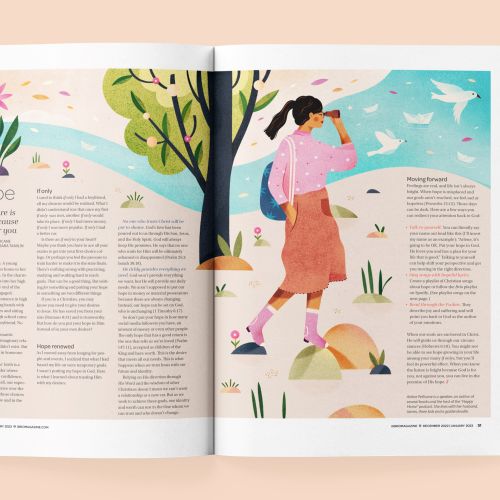 Magazine spread titled Hope with floral and nature illustrations by Barbara Tamilin