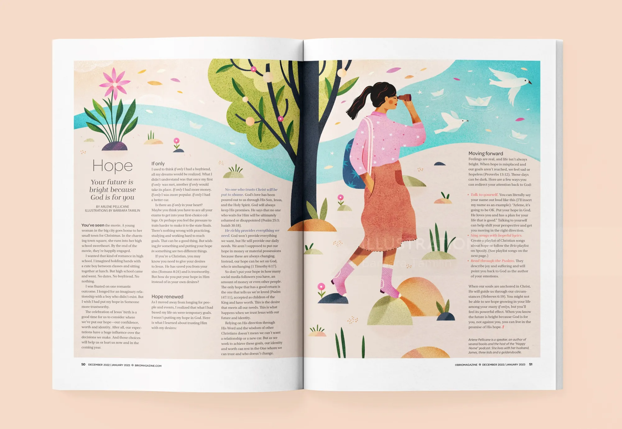 Magazine spread titled Hope with floral and nature illustrations by Barbara Tamilin