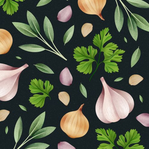 Seamless garlic, onion, and herb pattern by Barbara Tamilin