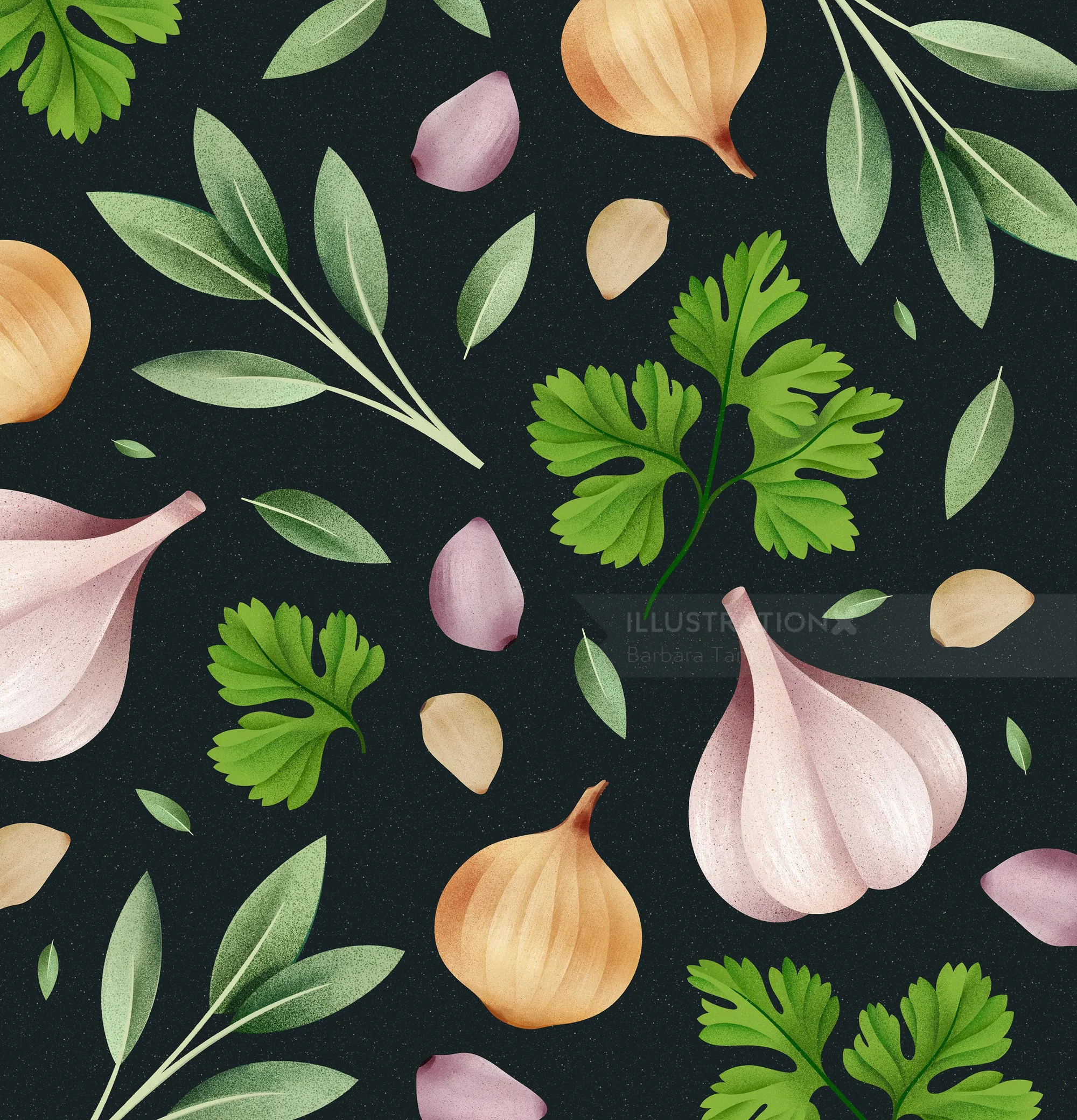 Seamless garlic, onion, and herb pattern by Barbara Tamilin