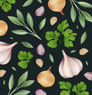 Seamless garlic, onion, and herb pattern by Barbara Tamilin