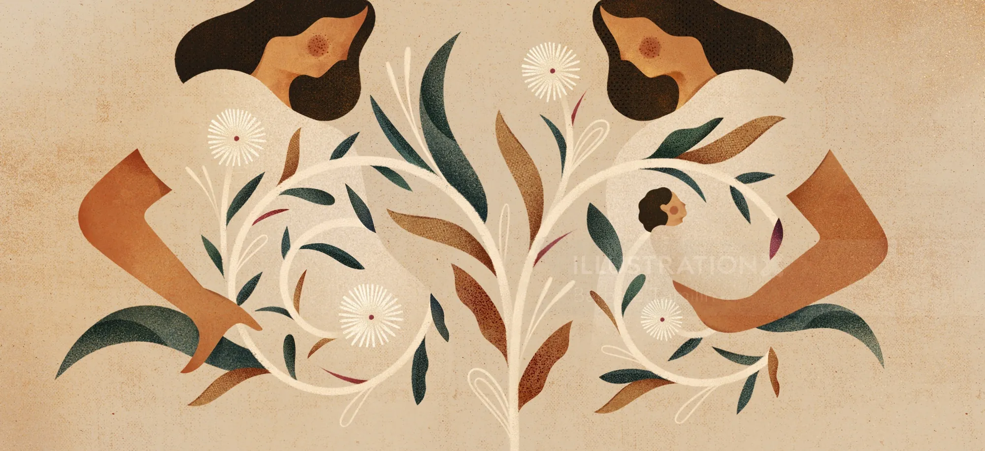 Abstract illustration of two women with flowers and leaves by Barbara Tamilin