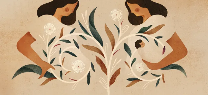 Abstract illustration of two women with flowers and leaves by Barbara Tamilin