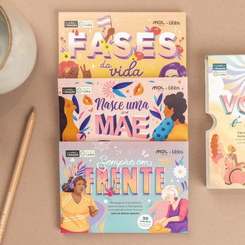 Book covers by Mol Libbs showing colorful illustrations and titles in Portuguese.
