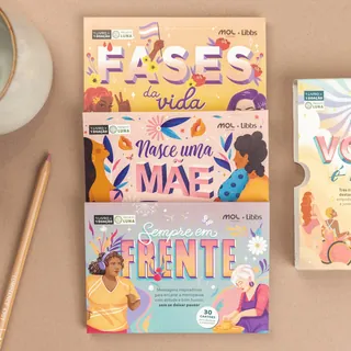 Book covers by Mol Libbs showing colorful illustrations and titles in Portuguese.