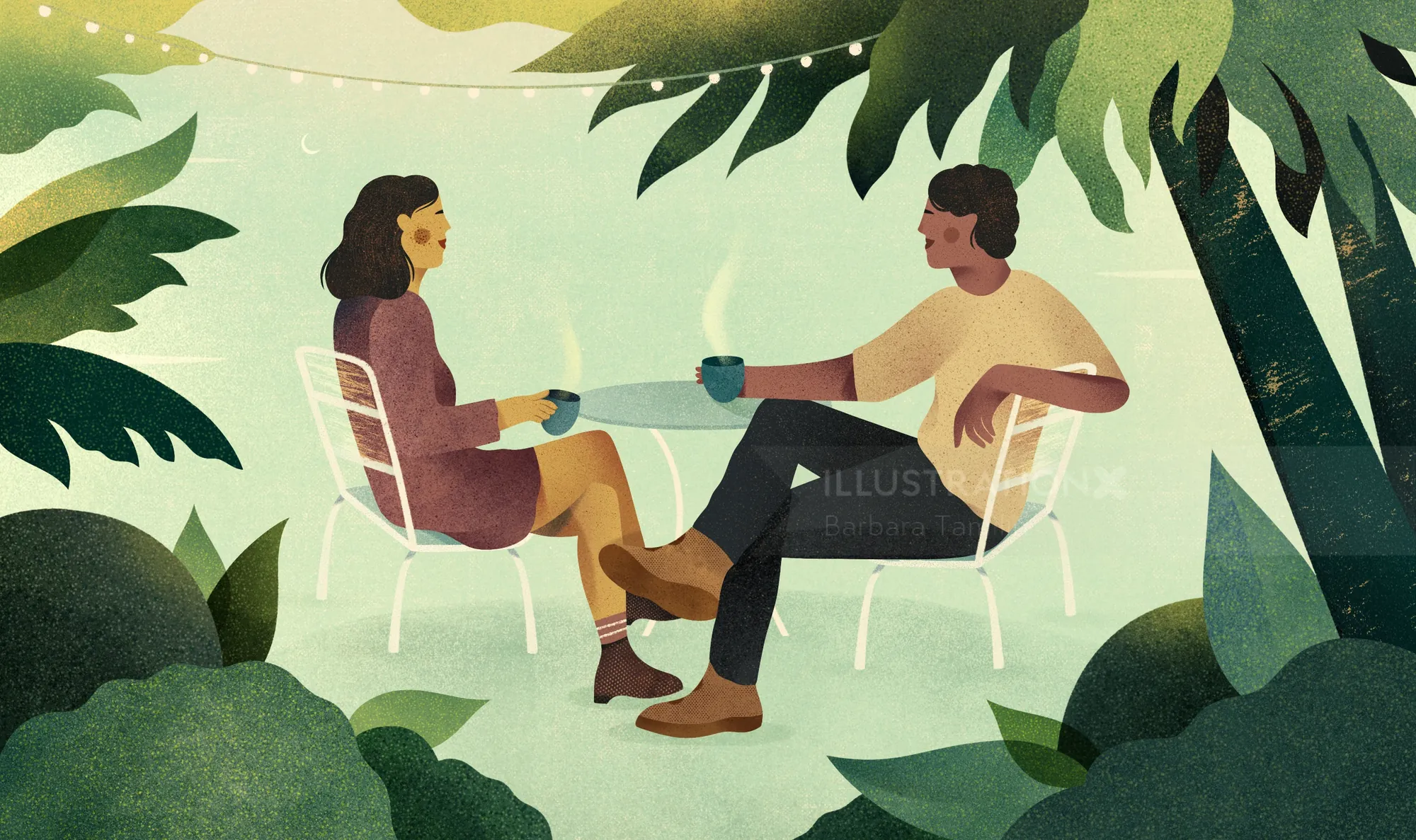 Man and woman sitting at table in garden by Barbara Tamilin