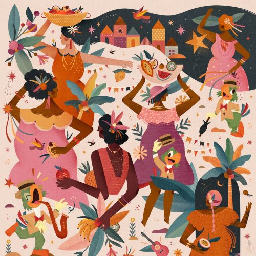 Tropical celebration scene with vibrant colors and diverse people by Barbara Tamilin
