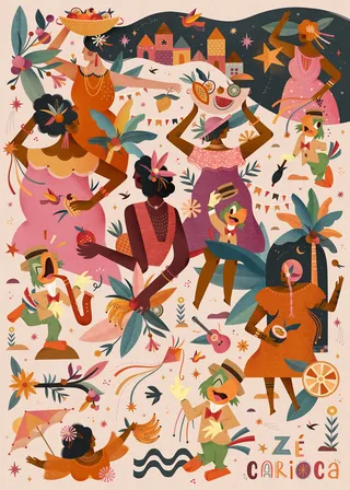 Tropical celebration scene with vibrant colors and diverse people by Barbara Tamilin