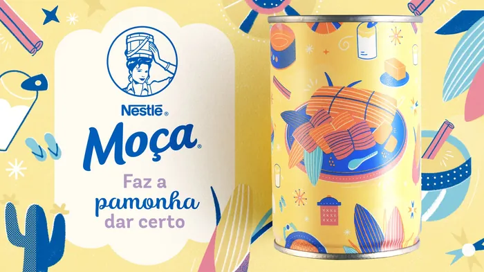 Nestlé Moça pamonha can illustration with corn and kitchen items by Barbara Tamilin