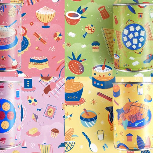 Vibrant beverage cans with colorful, patterned backgrounds by Barbara Tamilin