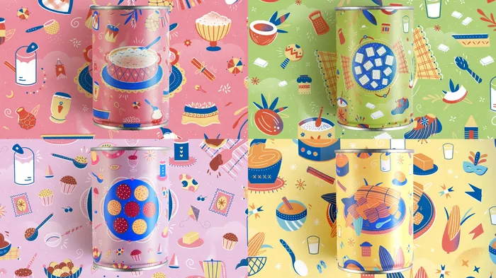 Vibrant beverage cans with colorful, patterned backgrounds by Barbara Tamilin