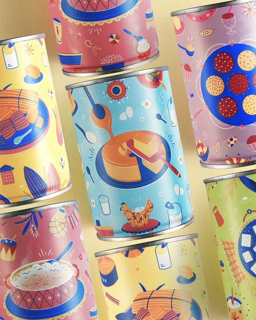 Colorful food-themed decorative cans with artistic illustrations by Barbara Tamilin