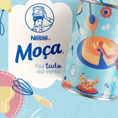 Illustration of Nestlé Moça condensed milk can with kitchen utensils by Barbara Tamilin