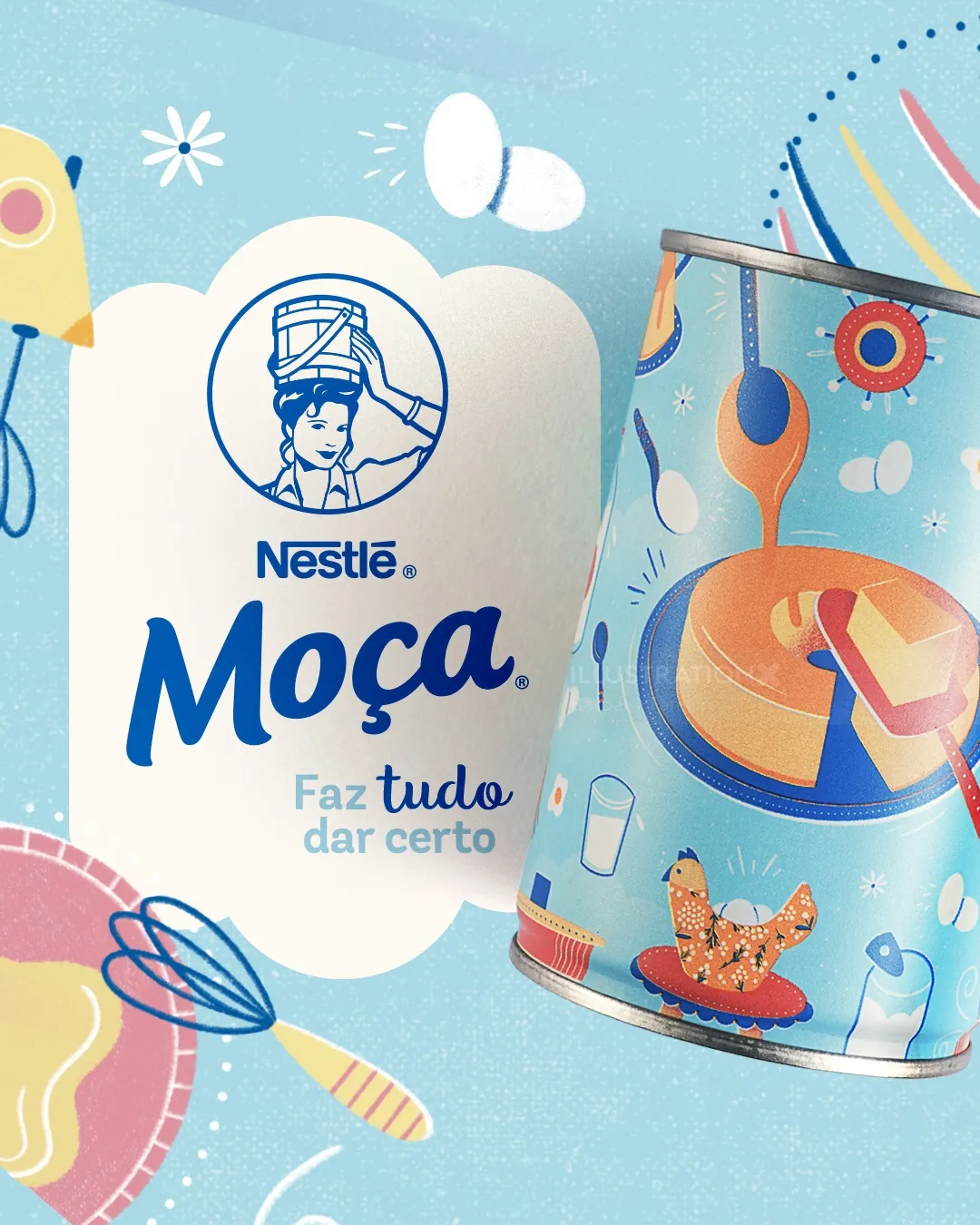 Illustration of Nestlé Moça condensed milk can with kitchen utensils by Barbara Tamilin