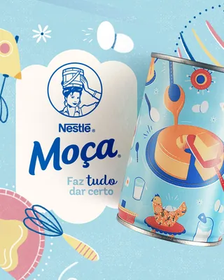 Illustration of Nestlé Moça condensed milk can with kitchen utensils by Barbara Tamilin