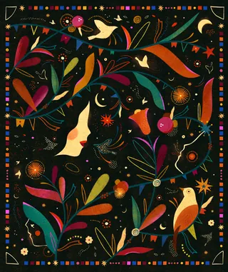 Abstract colorful design with woman's profile, birds, and plants on dark background