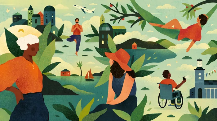 People engaging in outdoor activities near town and nature scenery.