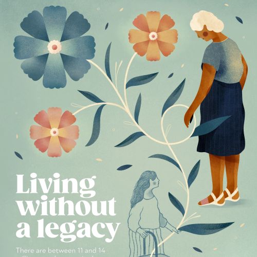 Grandmother and child linked by a flowering plant in soft colors
