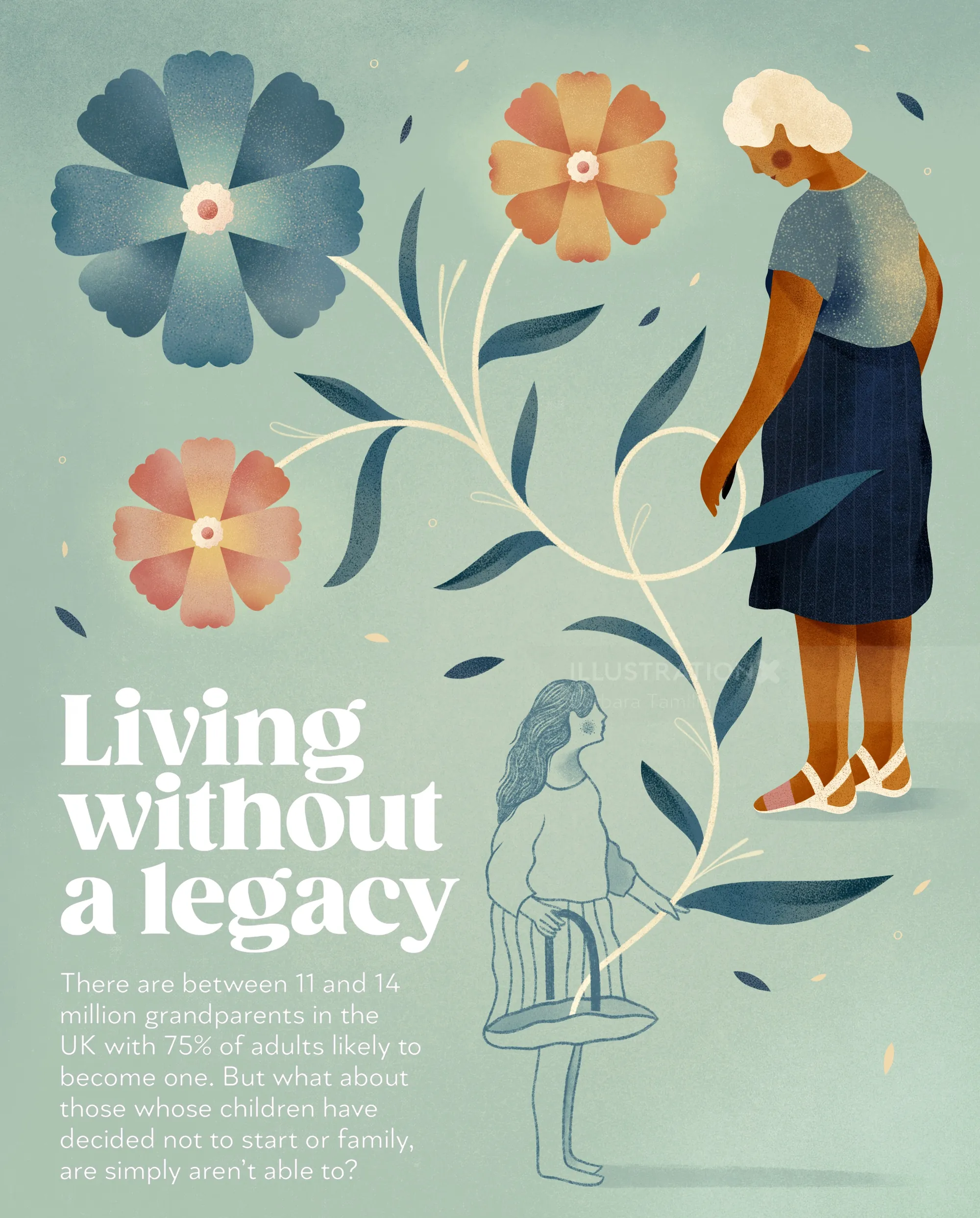 Grandmother and child linked by a flowering plant in soft colors