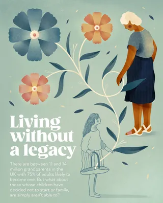 Grandmother and child linked by a flowering plant in soft colors