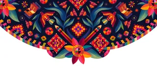 Vibrant floral and geometric pattern with reds, blues, and oranges