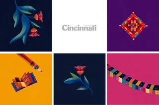 Geometric patterns, floral designs, and Cincinnati text on colorful backgrounds