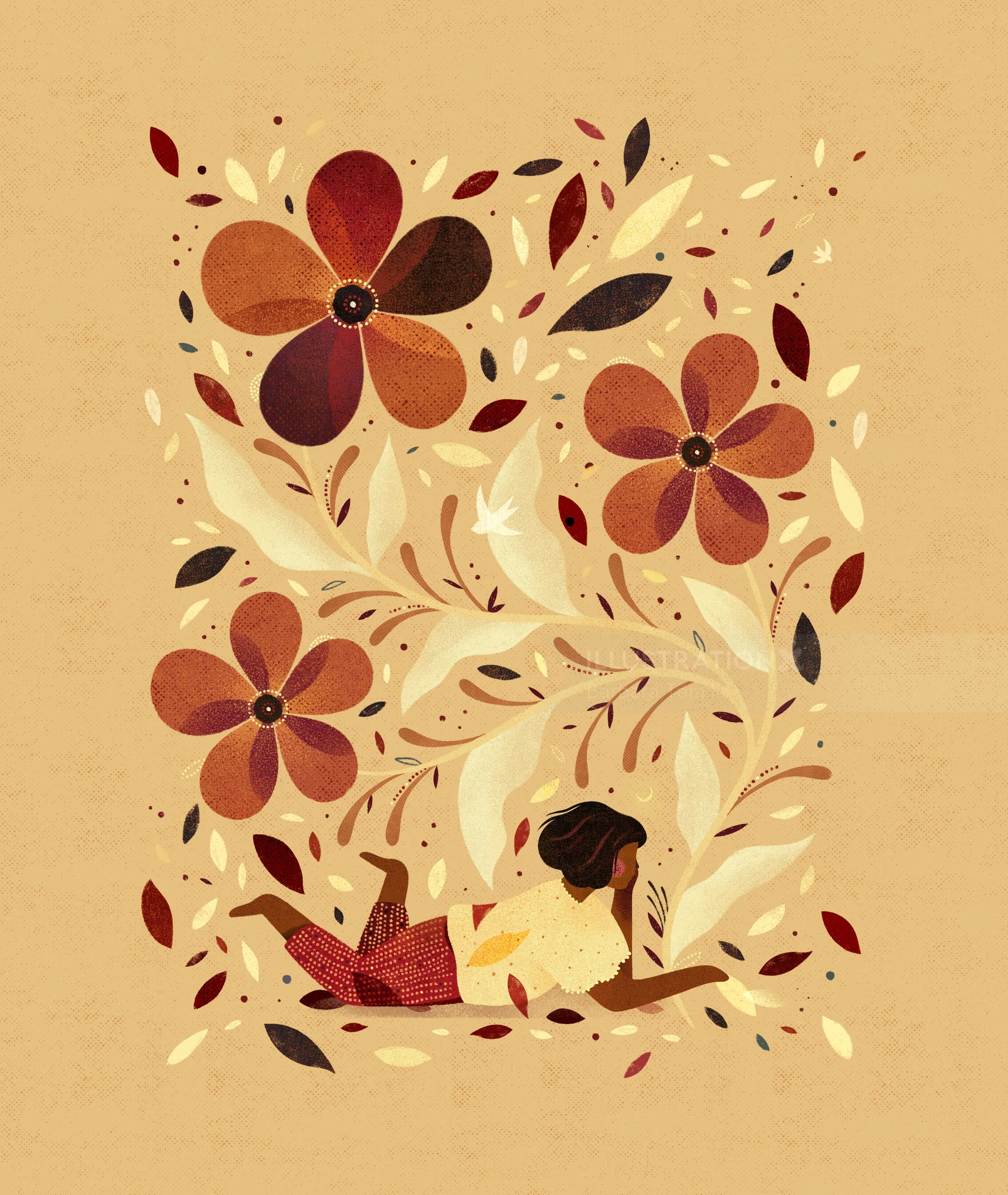 Person lying on stomach with large autumn flowers and swirling leaves