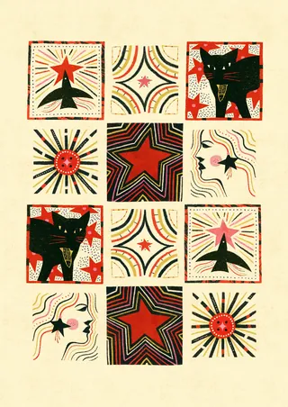 Abstract squares with stars, animals, faces, and geometric patterns